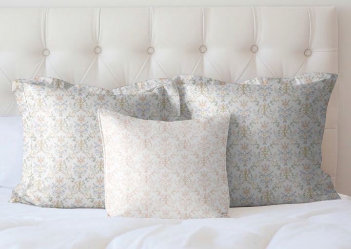 Bed pillows in a soft grey Marie-Antoinette pattern