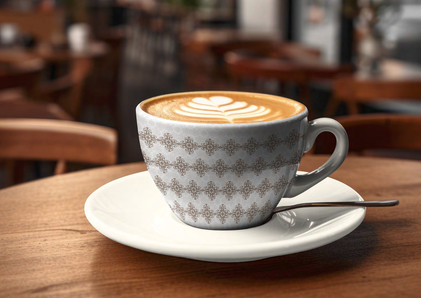 A cappuccino in a Marie-Antoinette patterned cup on a café table