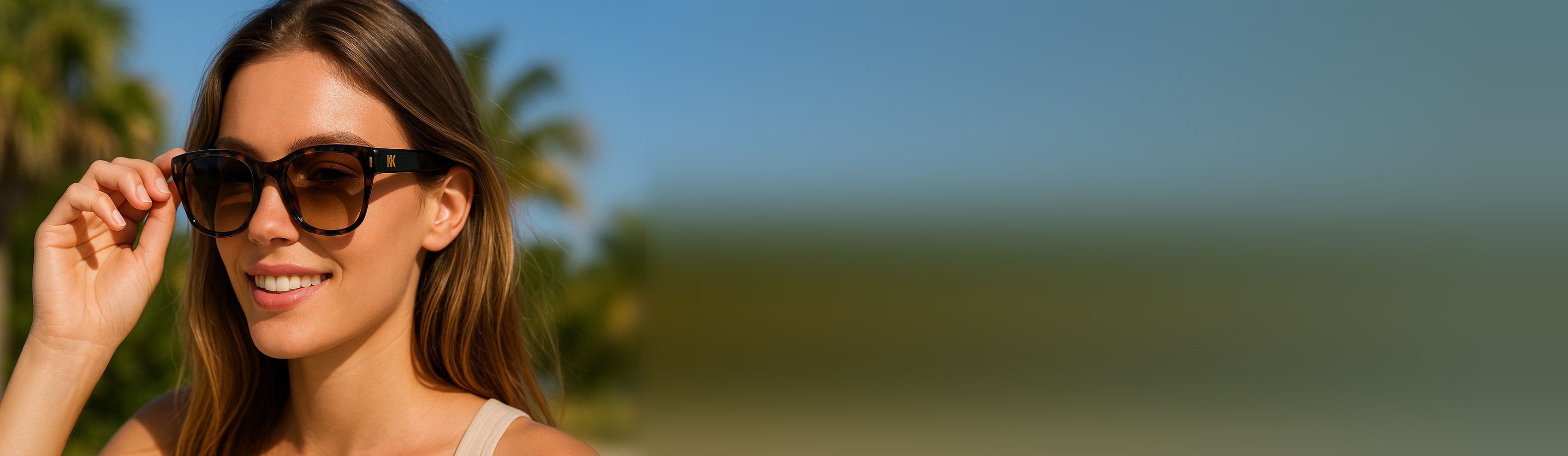 A smiling woman in Marie-Antoinette sunglasses under palm trees