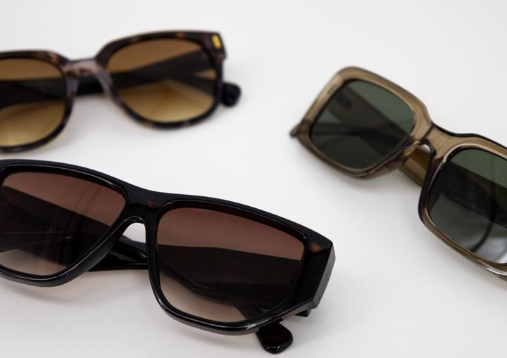 Three sunglasses in tortoiseshell, black and olive
