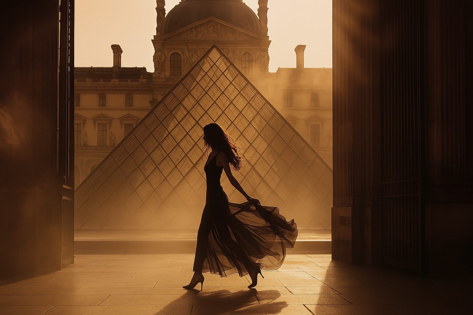 A woman in a flowing dress walks past the Louvre pyramid at sunset