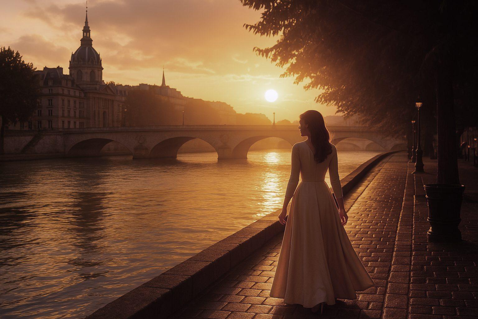 A woman in a long dress walks along the Seine at sunset