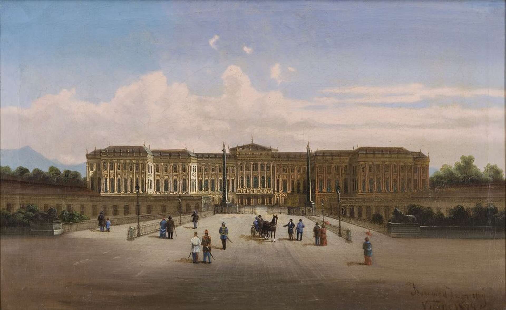 A period painting of the Palace of Schönbrunn in Vienna, seen from its forecourt