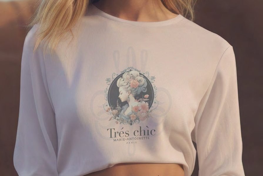 A Marie-Antoinette printed top worn with a blush skirt