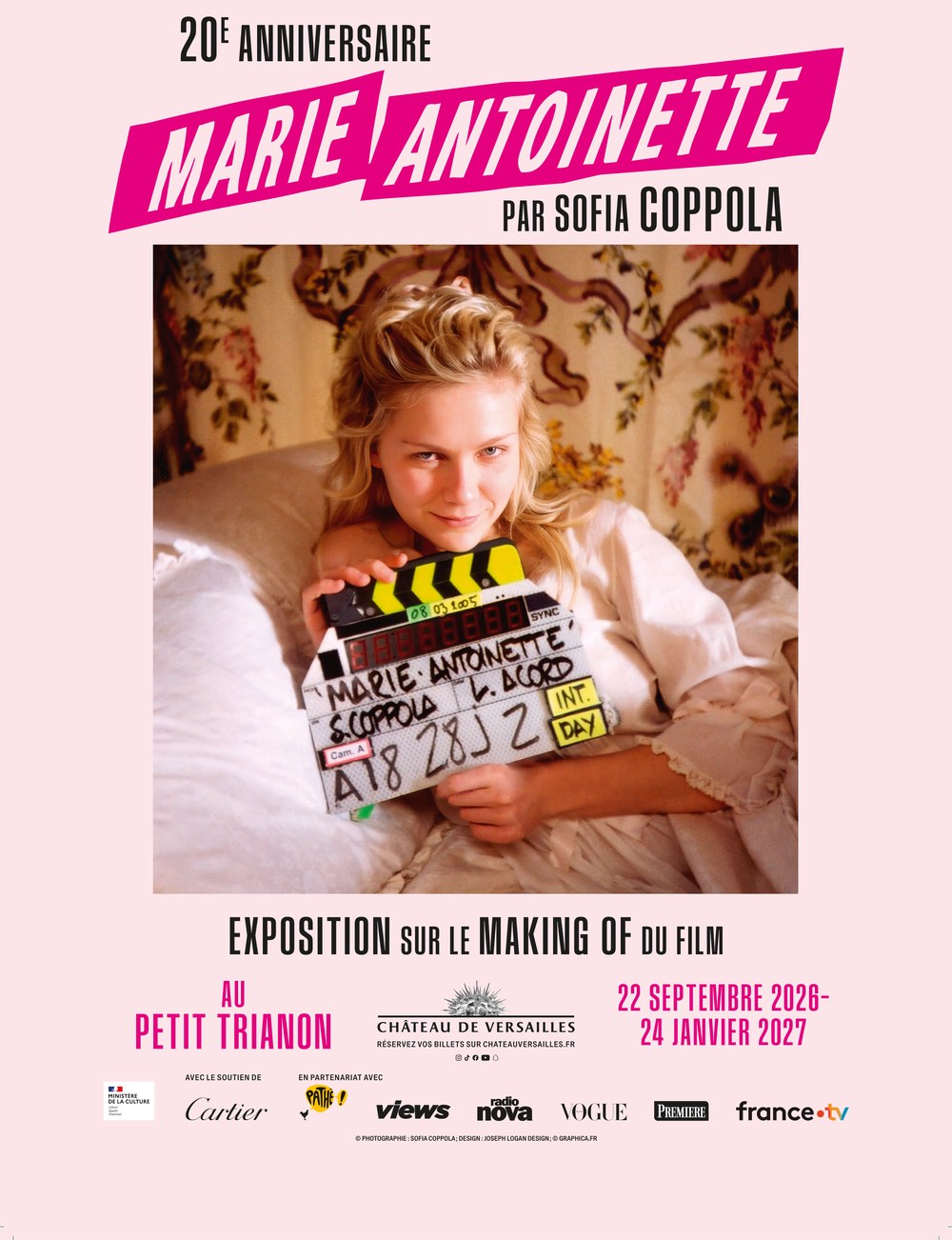 The exhibition poster: Kirsten Dunst in costume holding the clapperboard, under the title Marie Antoinette by Sofia Coppola